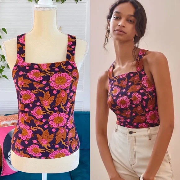 Anthropologie | Porridge Seamed Cross Back Tank Top Pink Navy Bohemian New Small - Picture 1 of 14